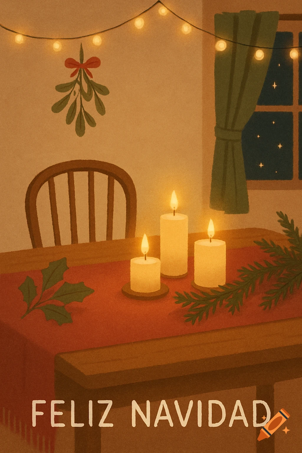 Illustrated Christmas scene with candles, mistletoe, string lights, and a table with 'Feliz Navidad' text.