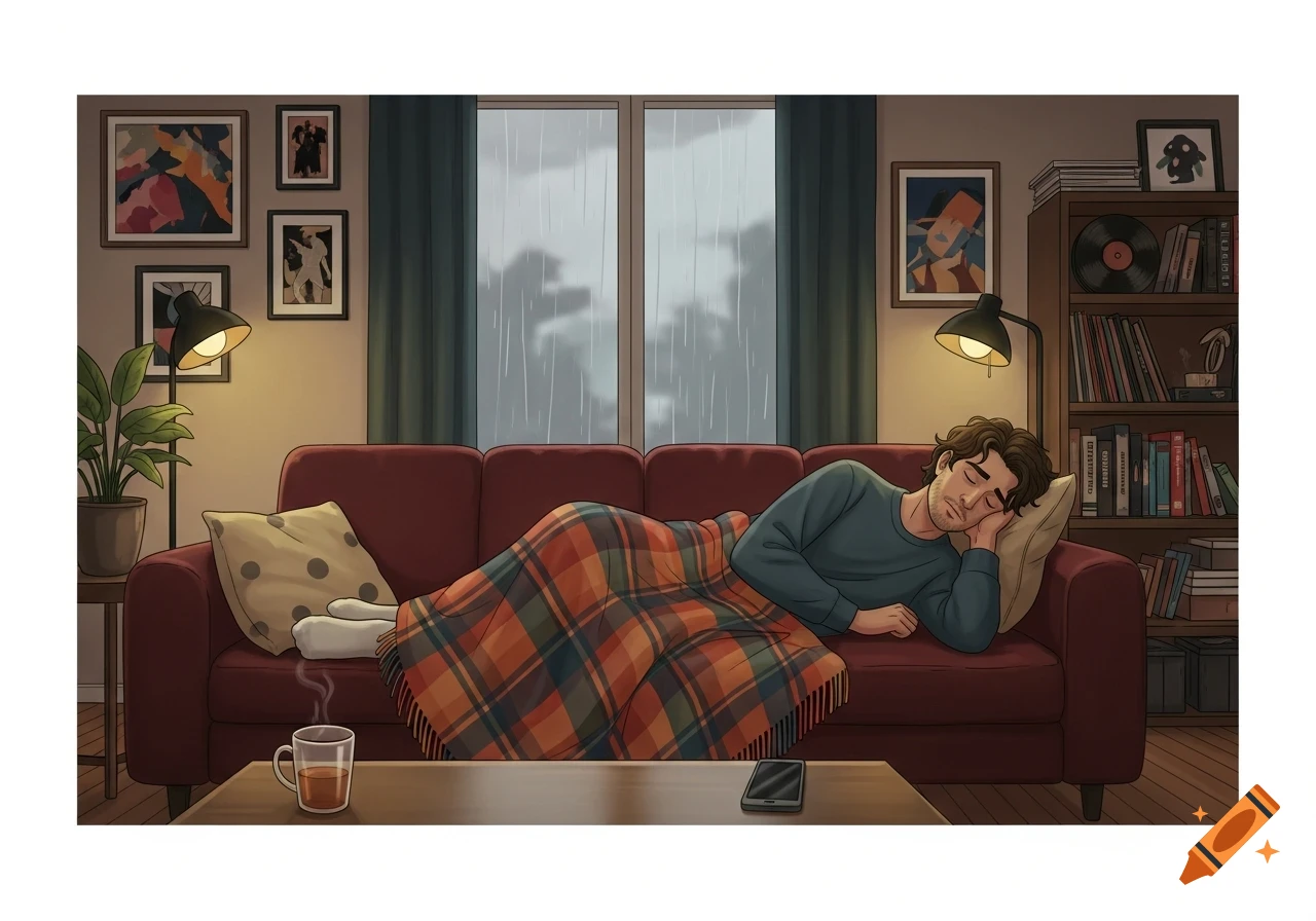 Cartoon man sleeps under a plaid blanket on a red sofa in a cozy living room with a rainy window view.