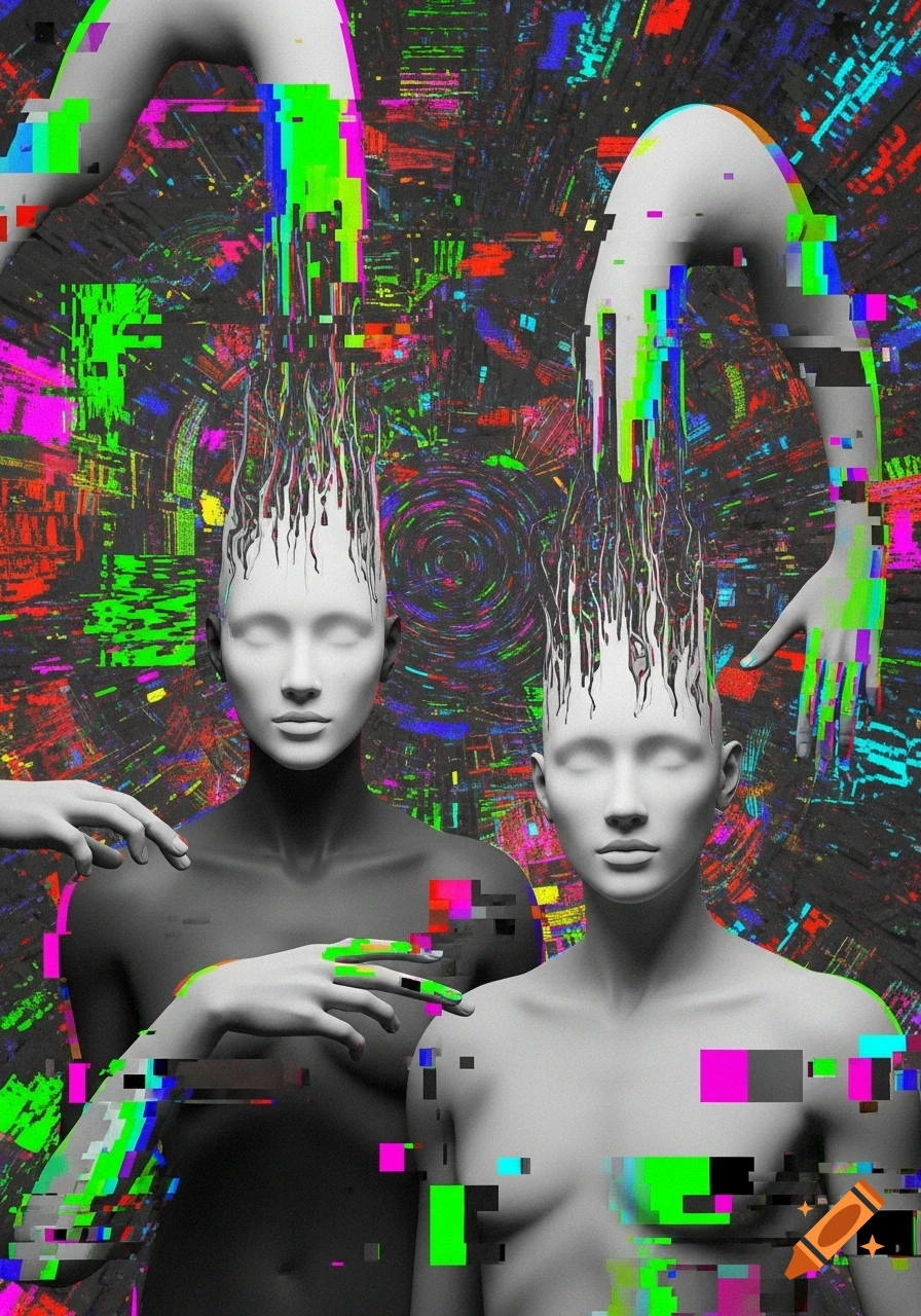 Two mannequin-like figures with dripping white tendrils, surrounded by colorful digital glitch effects and disembodied hands, in a surreal, abstract style.