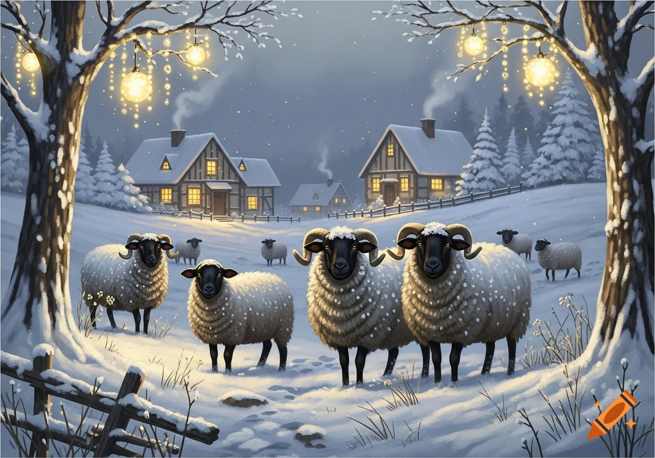 Charming illustration of Rhön sheep in a snowy village scene with illuminated houses and glowing string lights on trees.