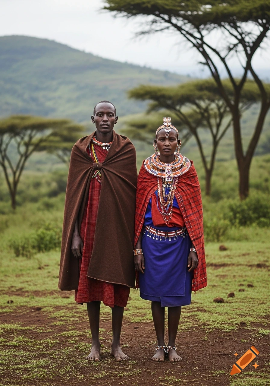 A male and female in traditional African attire with beaded jewelry stand in a lush green landscape with acacia trees.