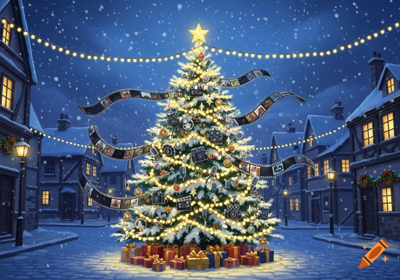 A festive Christmas tree decorated with film strips and media icons stands in a snowy, illuminated village street at night.