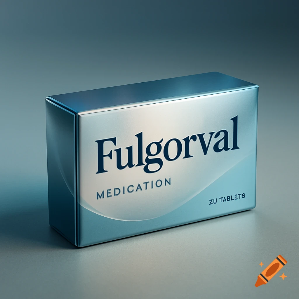 A sleek, metallic silver and blue medication box with 'Fulgorval', 'MEDICATION', and 'ZU TABLETS' printed on the front.
