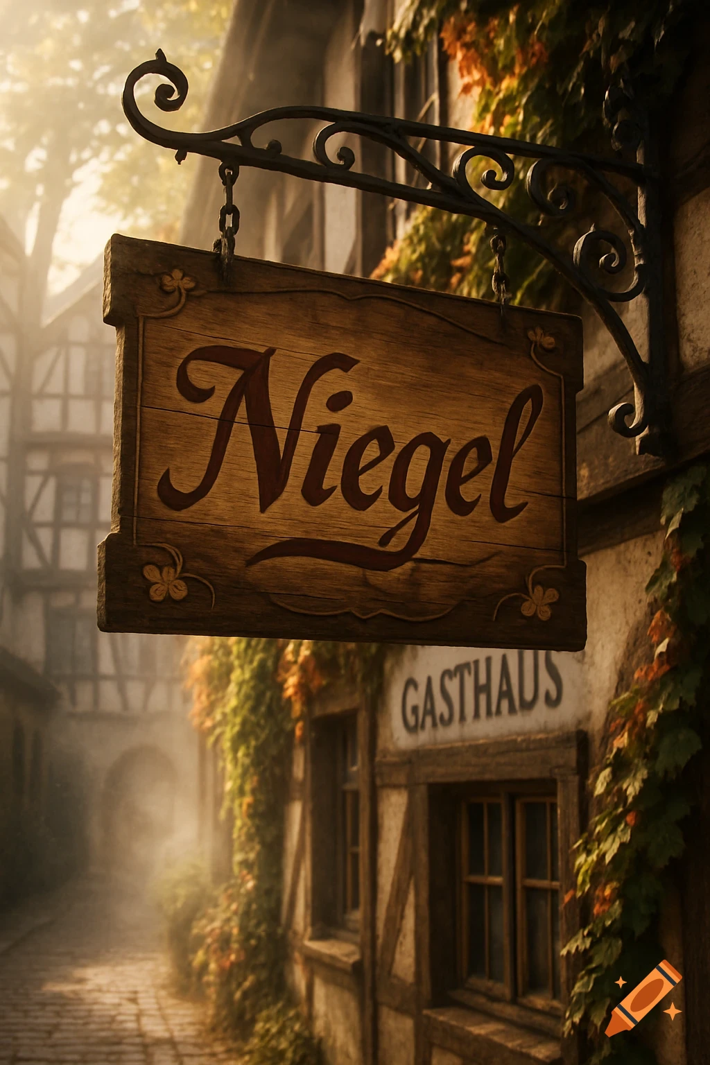Rustic wooden 'Niegel' sign hanging above a 'GASTHAUS' building on a misty, cobblestone street in a traditional European village.