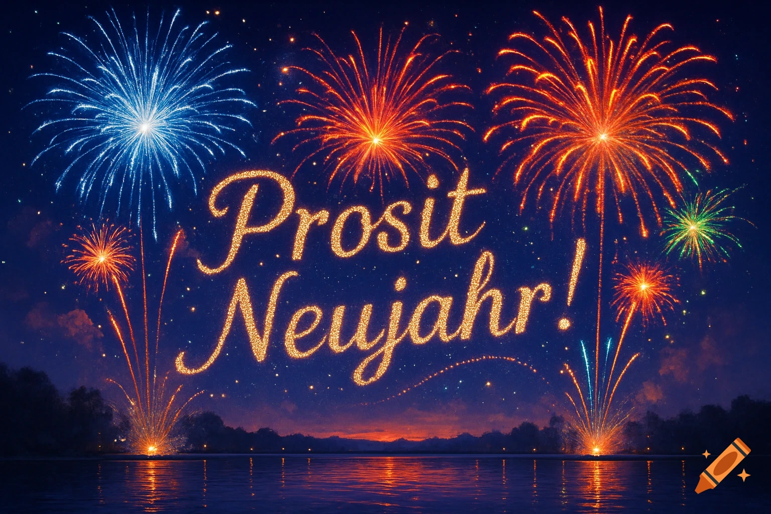 Vibrant blue and orange fireworks light up the night sky over water, with sparkling golden text "Prosit Neujahr!"