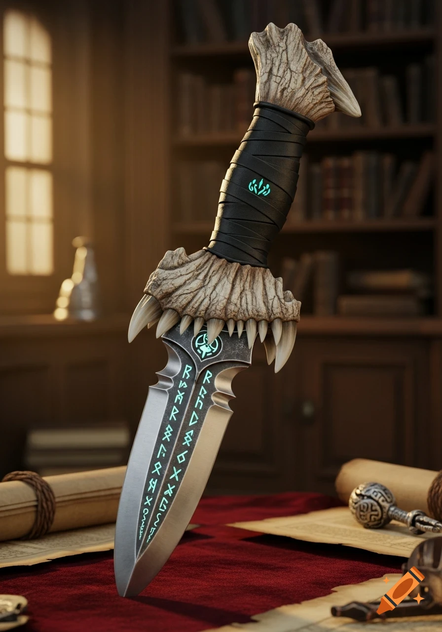 A close-up of a fantasy dagger with a handle resembling Indominus Rex teeth, glowing green runes on its blade, in a dim library setting.
