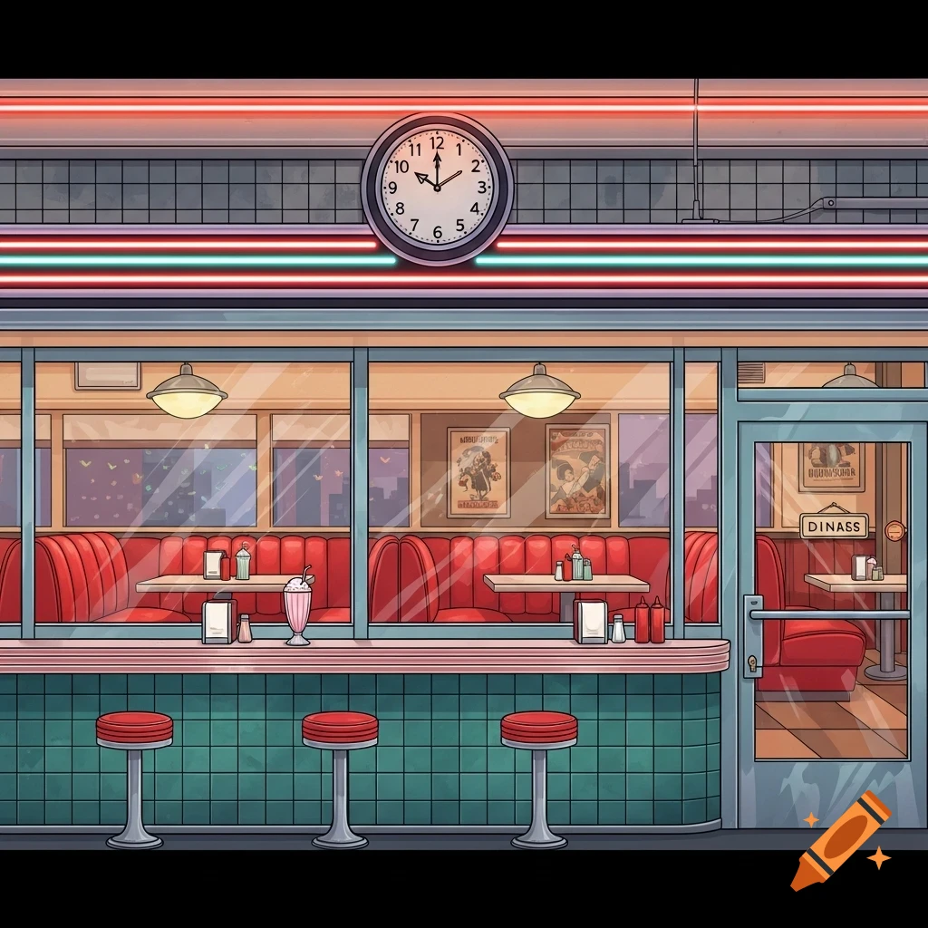 A 2D cartoon illustration of the exterior of a retro American diner with red booths and a counter, featuring a clock and neon lights.