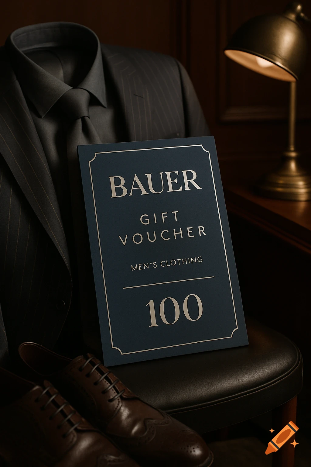 A dark pinstripe suit, tie, and brown leather shoes next to a 'BAUER GIFT VOUCHER MEN'S CLOTHING' card in an elegant setting.