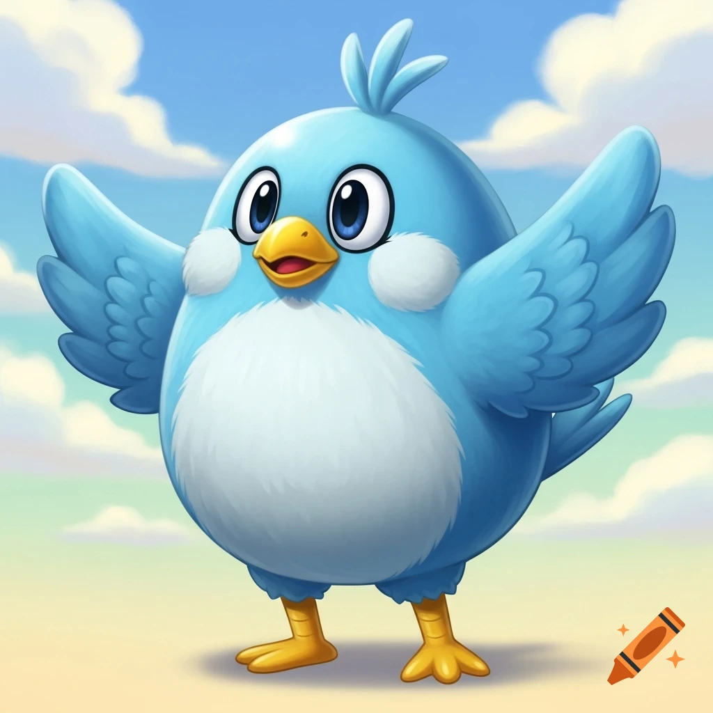 A chubby, light blue cartoon bird mascot with a yellow beak stands with its wings spread under a blue sky.
