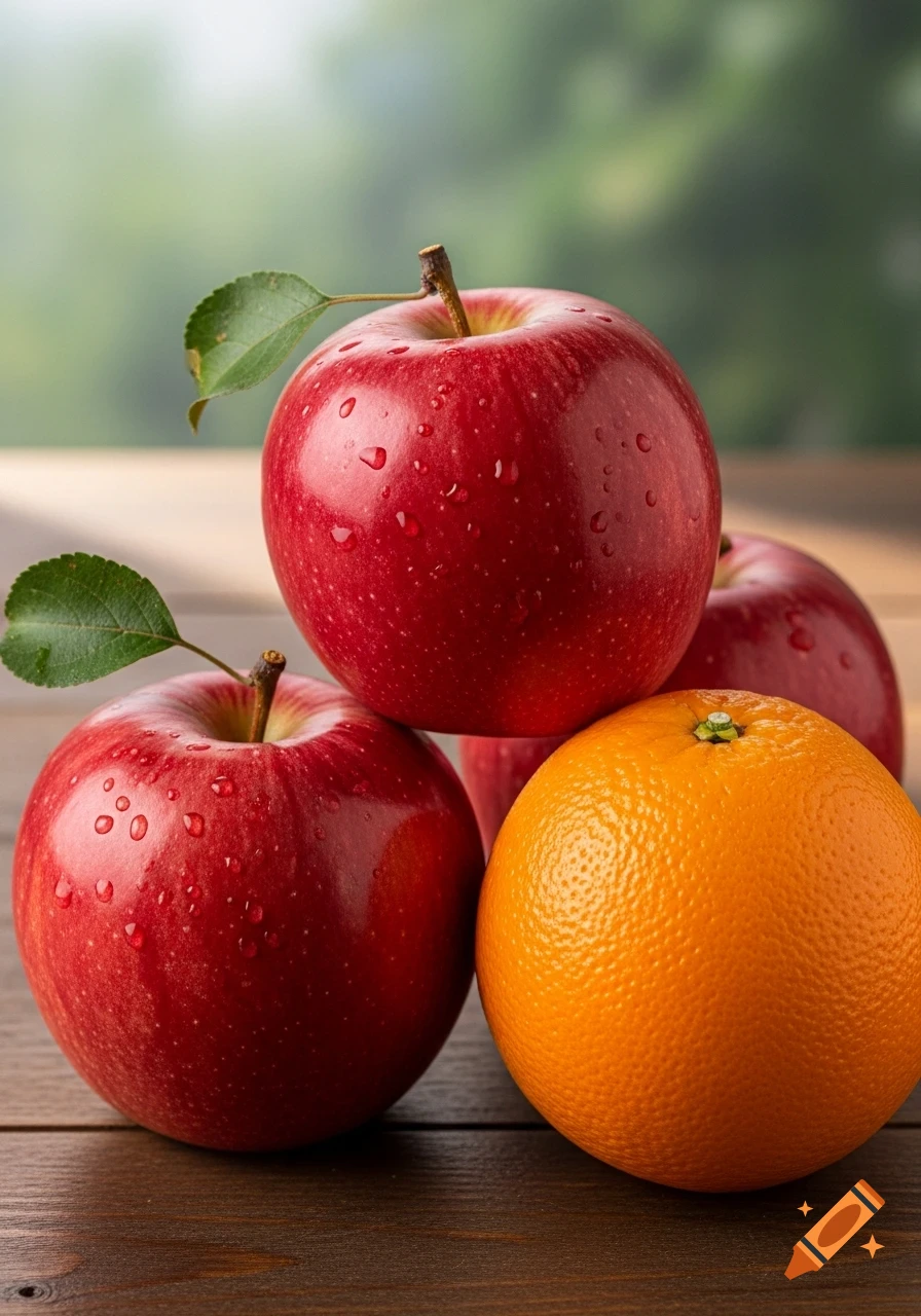 Three red apples with water droplets and one orange on a wooden surface with a blurred green background.