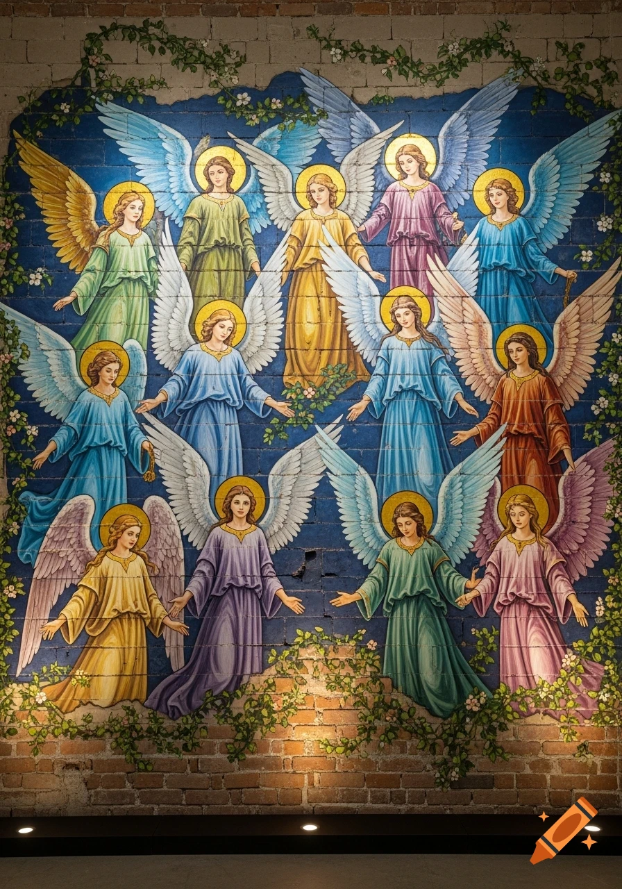 A mural of 13 angels in colorful robes with wings, painted on a brick wall with green vines.