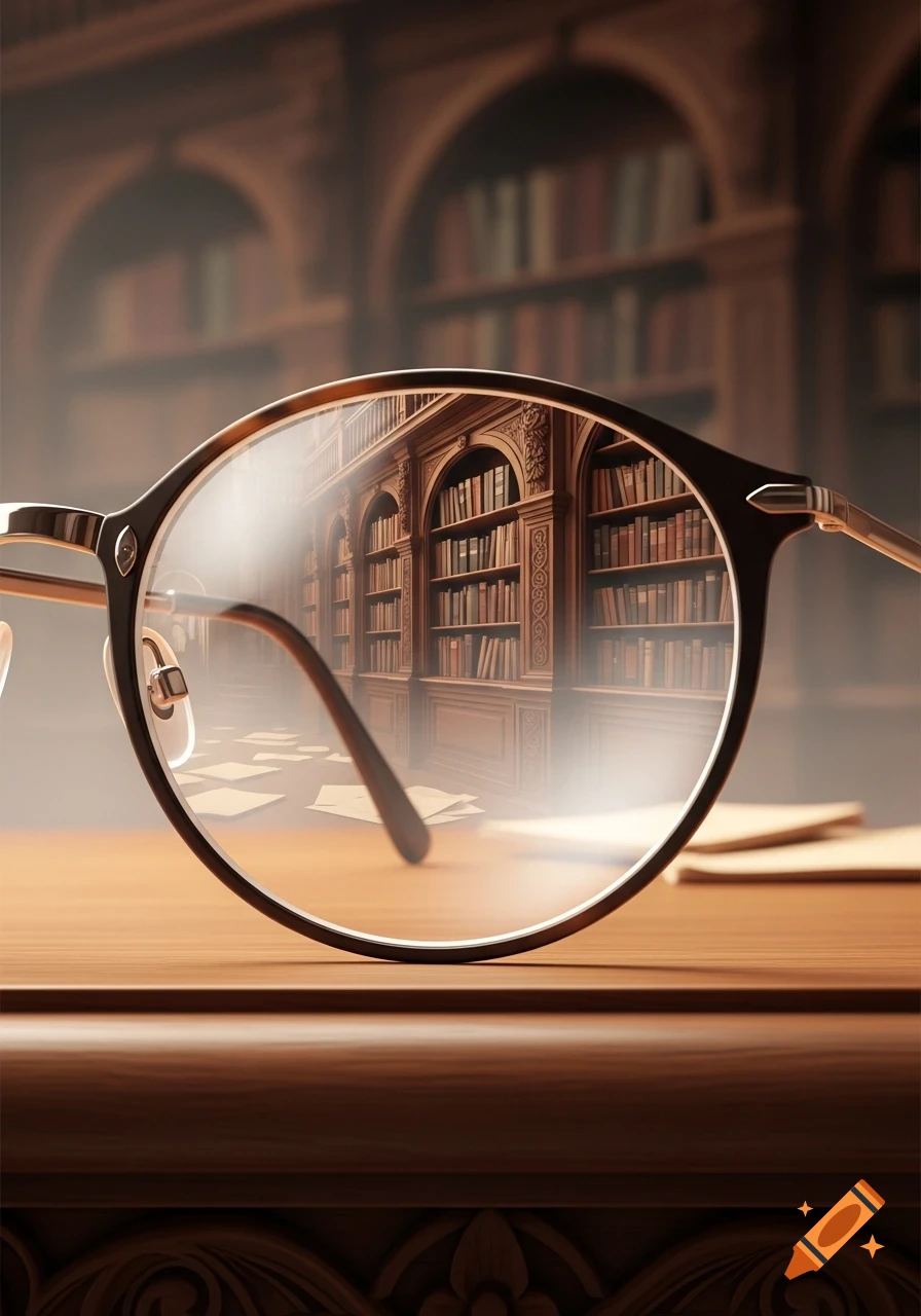 A pair of round, dark-framed eyeglasses rests on a wooden table, reflecting a grand library with tall bookshelves.