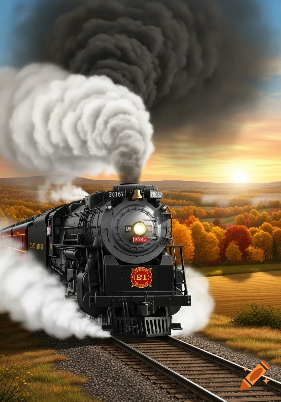 A black steam locomotive, identified as a Pennsylvania Railroad train, moves through an autumn landscape at sunset, emitting thick white and dark smoke.