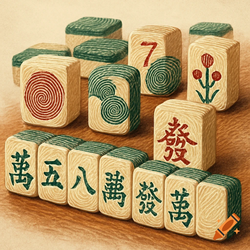 Mahjong tiles with various patterns, numbers, and Chinese characters, rendered in a distinctive fingerprint art style.