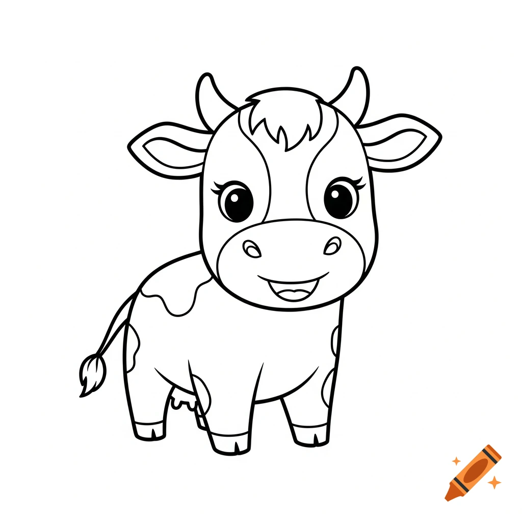 Black and white line art drawing of a cute smiling baby cow with small horns, ready for coloring.