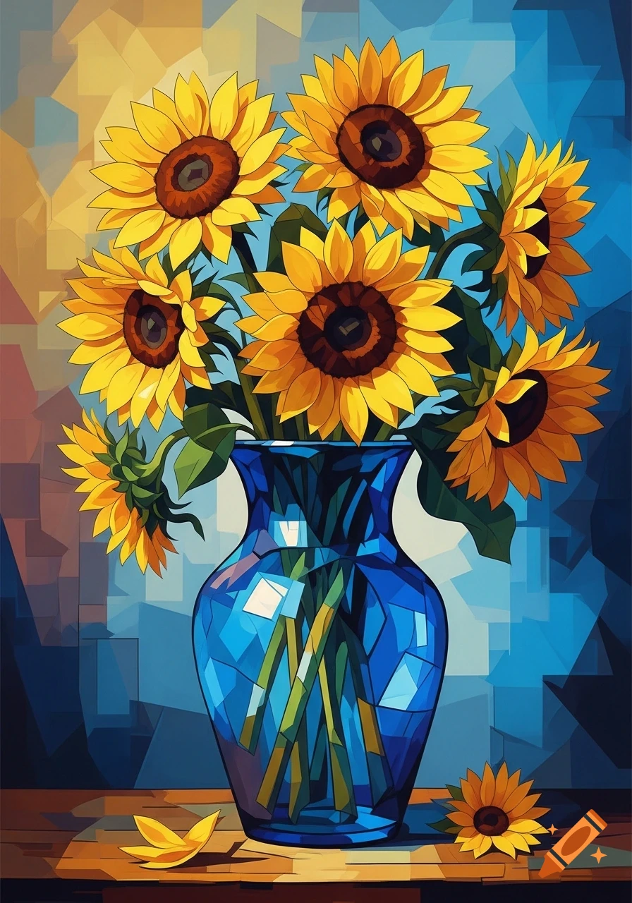 A stylized cubist painting of a bouquet of sunflowers in a blue geometric vase on a table.