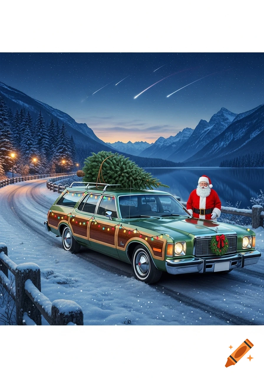 Santa Claus next to a vintage green station wagon with a Christmas tree and lights, on a snowy mountain road by a lake at night with shooting stars.