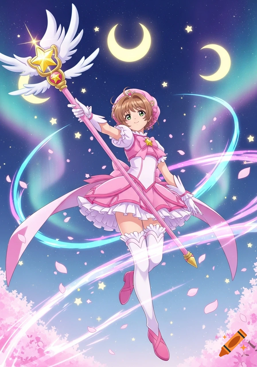 Anime magical girl in pink dress and white gloves, holding a winged staff, floating against a starry night sky with moons and aurora.