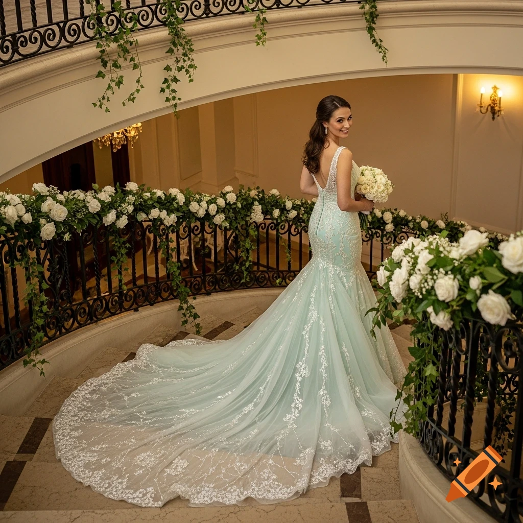 A bride in a light blue mermaid wedding dress with a long train poses on a grand staircase decorated with white roses and ivy.