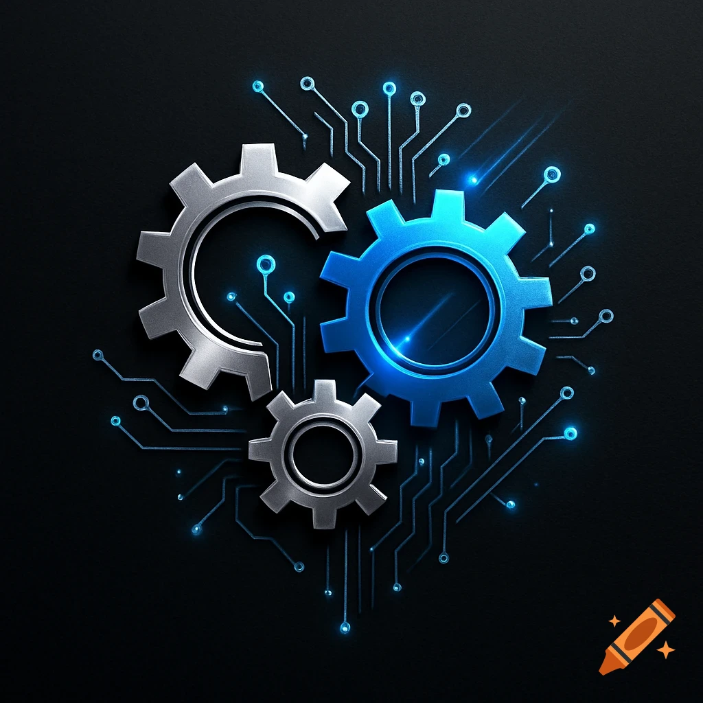 Graphic logo of three gears (one blue, two silver) interconnected by glowing blue circuit lines on a dark background.