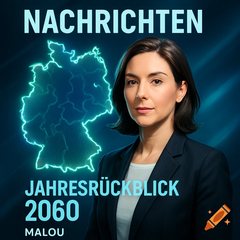 A news anchor woman in a suit in front of a glowing map of Germany, with text "NACHRICHTEN JAHRESRÜCKBLICK 2060 MALOU", in a digital art style.