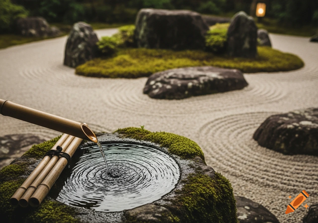 Water flows from a bamboo spout into a stone basin, creating ripples in a serene Japanese Zen garden with raked gravel, rocks, and moss.