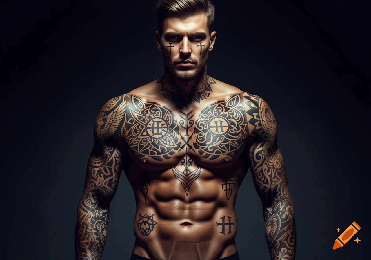 Close-up portrait of a muscular man with extensive black tribal and symbolic tattoos covering his chest, arms, and face.