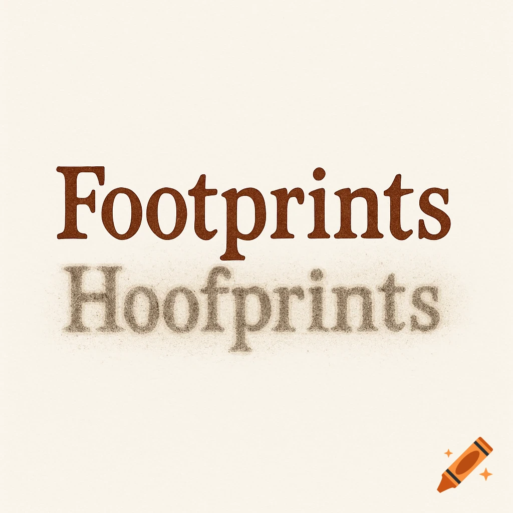 The word 'Footprints' in a warm brown serif font above a grainy, lighter brown shadow of the word 'Hoofprints' on a cream background.