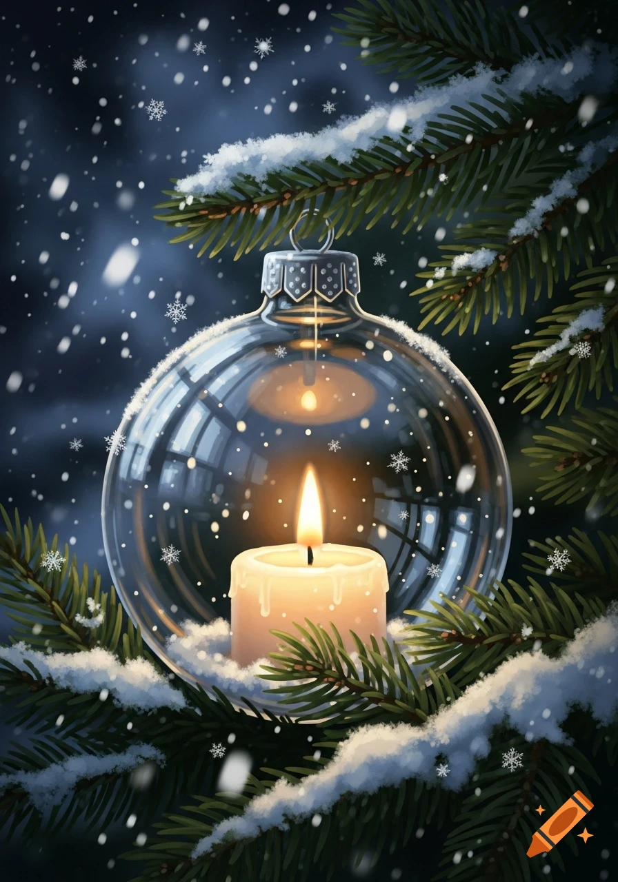 A lit candle within a clear glass Christmas ornament on a snow-covered pine branch, with falling snowflakes in an illustrative style.