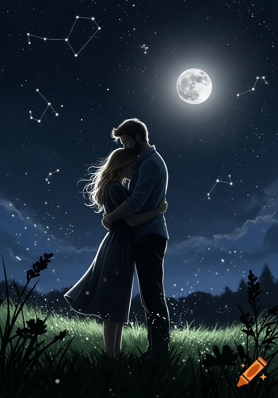 A couple embraces under a full moon and starry night sky with constellations and glowing foreground plants, in a stylized illustration.