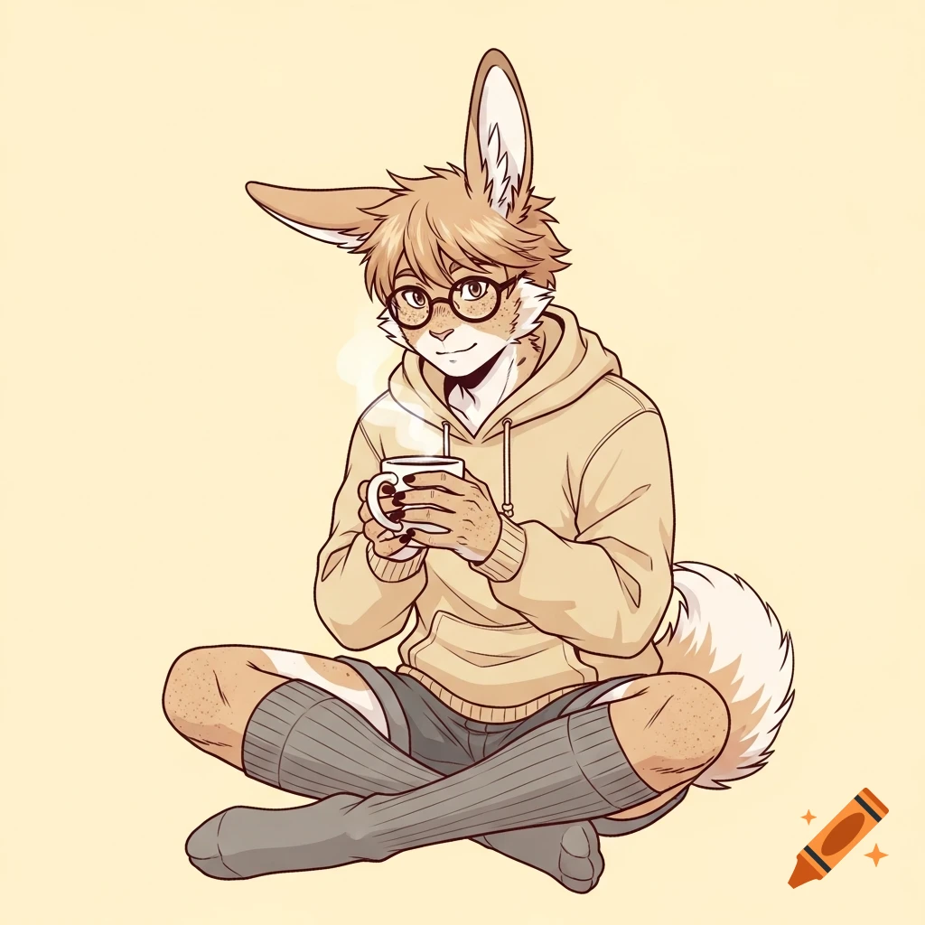 A cozy, anthropomorphic rabbit character in glasses, a hoodie, shorts, and thigh-high socks sits cross-legged, holding a steaming mug.