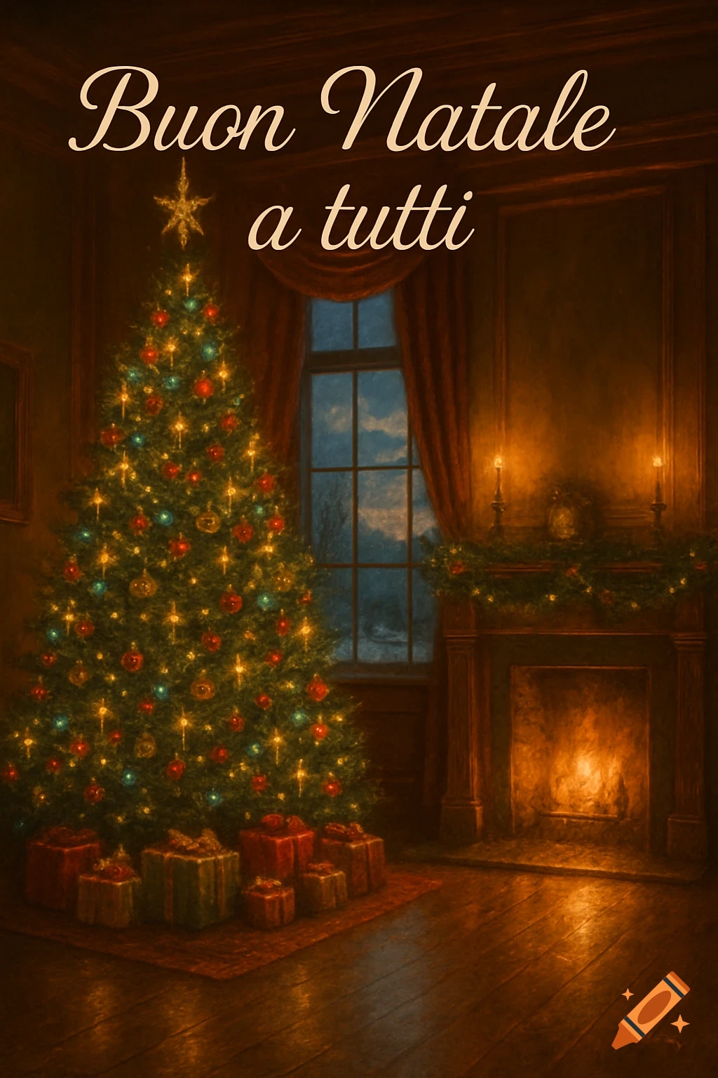 A cozy, painterly scene of a lit Christmas tree, gifts, and a fireplace in a room with a snowy window. Text reads 'Buon Natale a tutti'.