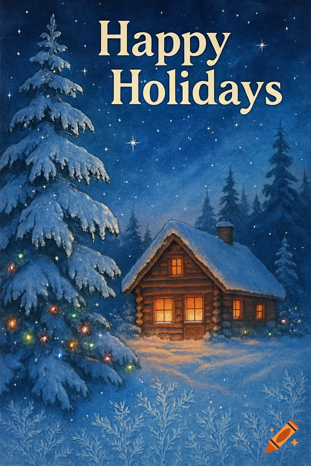 Watercolor illustration of a snowy log cabin and decorated Christmas tree under a star-filled night sky with 'Happy Holidays' text.