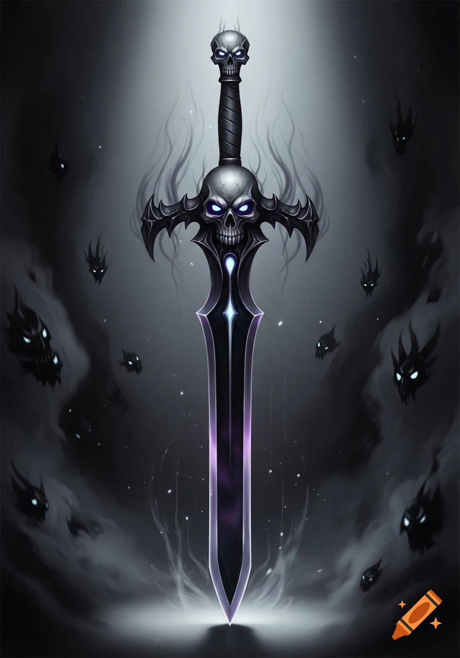 Stylized dark fantasy sword with skull hilt, glowing purple blade, and shadowy creatures with bright eyes.