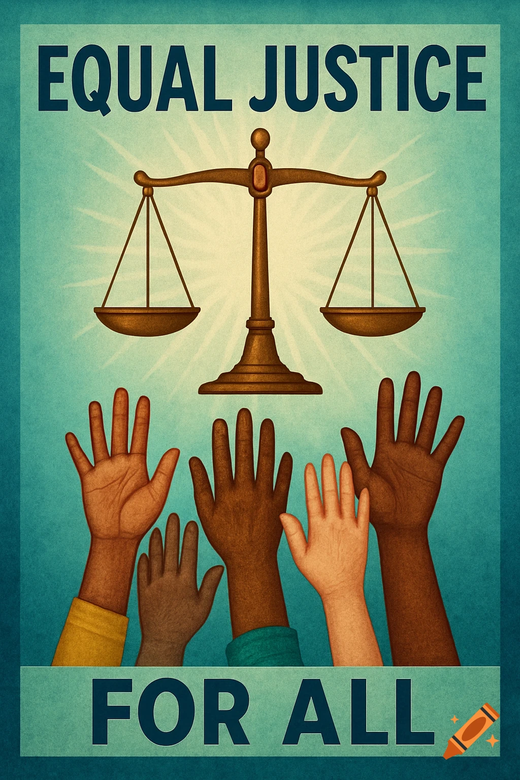 An illustrated poster features the scales of justice above diverse hands reaching upwards, with the text "EQUAL JUSTICE FOR ALL".