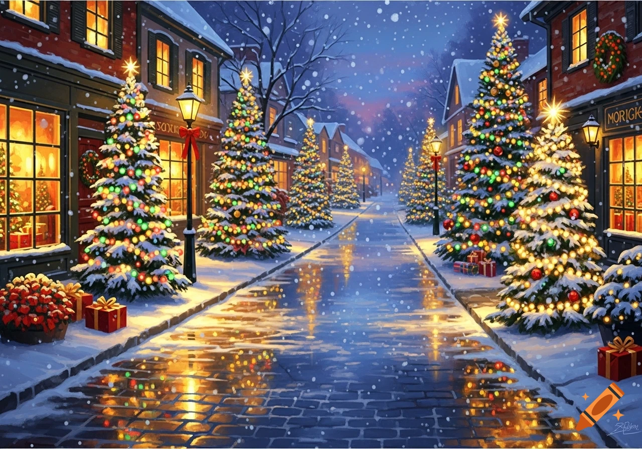 A snowy street in a festive village at night, lined with brightly lit Christmas trees, glowing shop windows, and lamp posts.