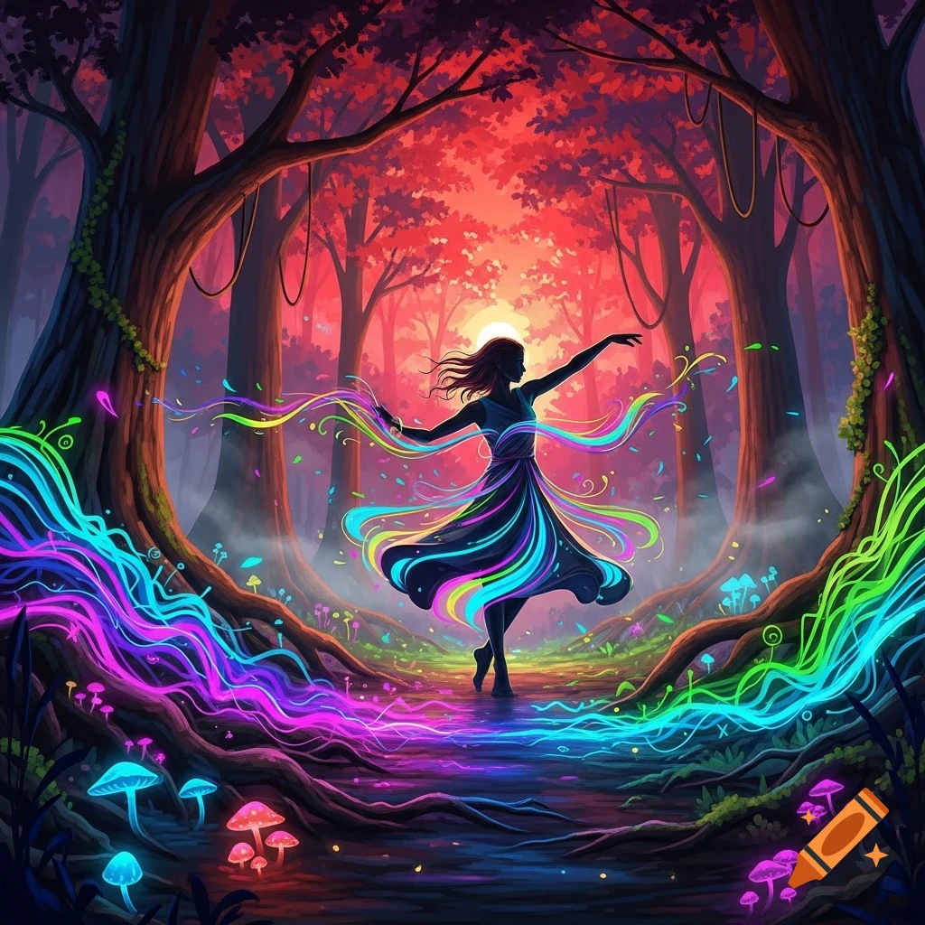 A silhouetted figure dances with outstretched arms amidst a vibrant, psychedelic forest with glowing mushrooms and neon light trails emanating from the dancer.