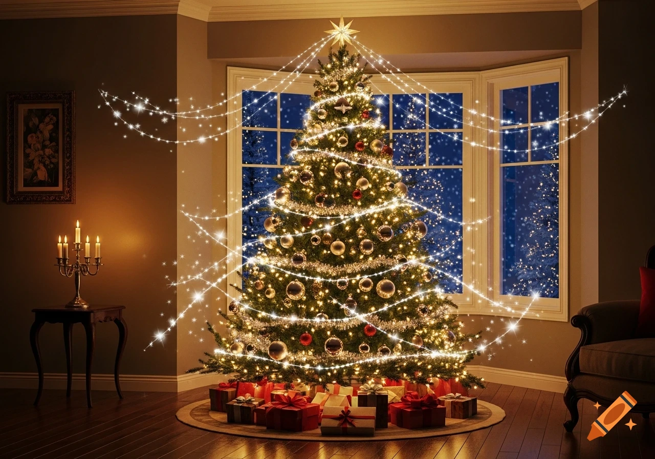 A festive Christmas tree with lights and presents, by a window showing a snowy night. A candelabra sits on a table nearby.