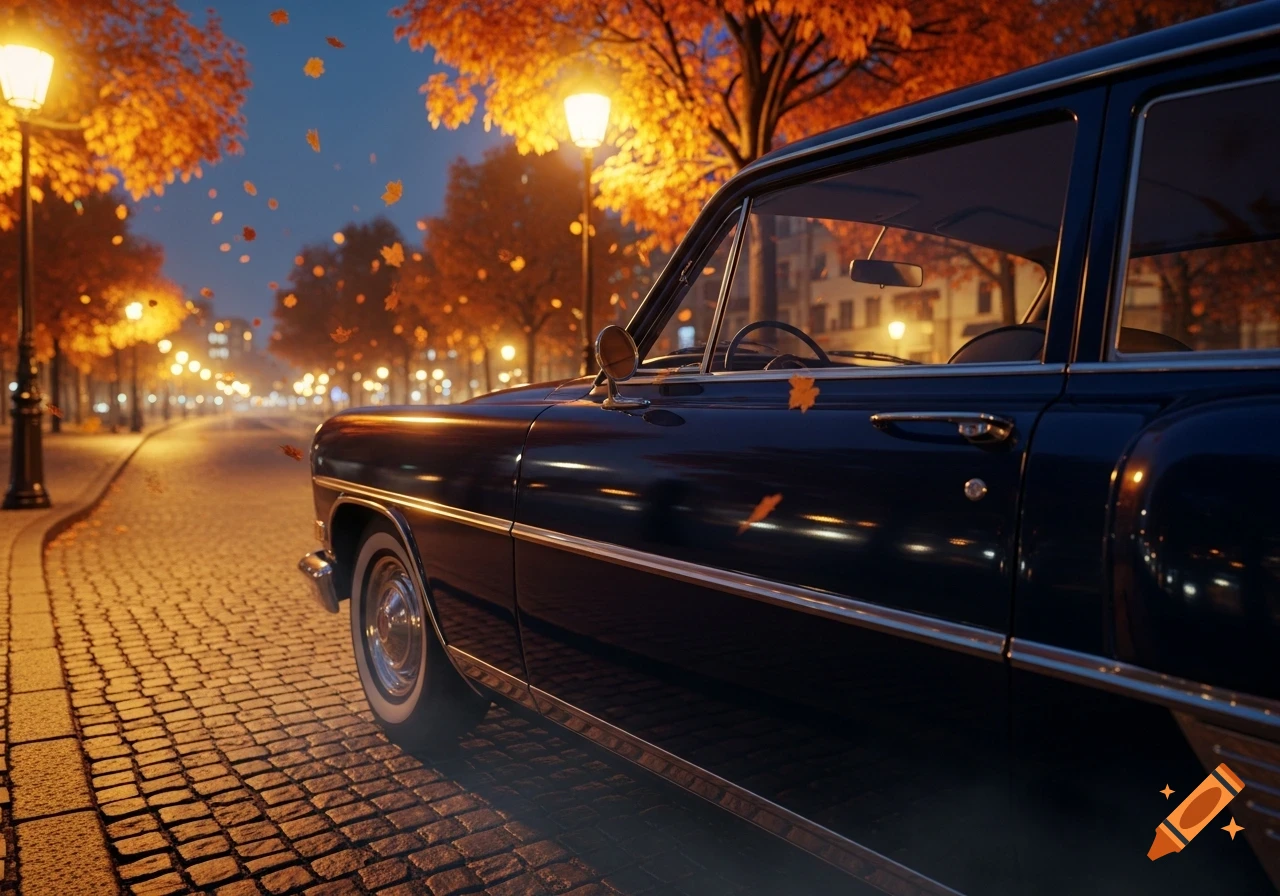 A dark vintage car on a cobblestone street at dusk, with glowing streetlights and autumn trees shedding orange leaves.