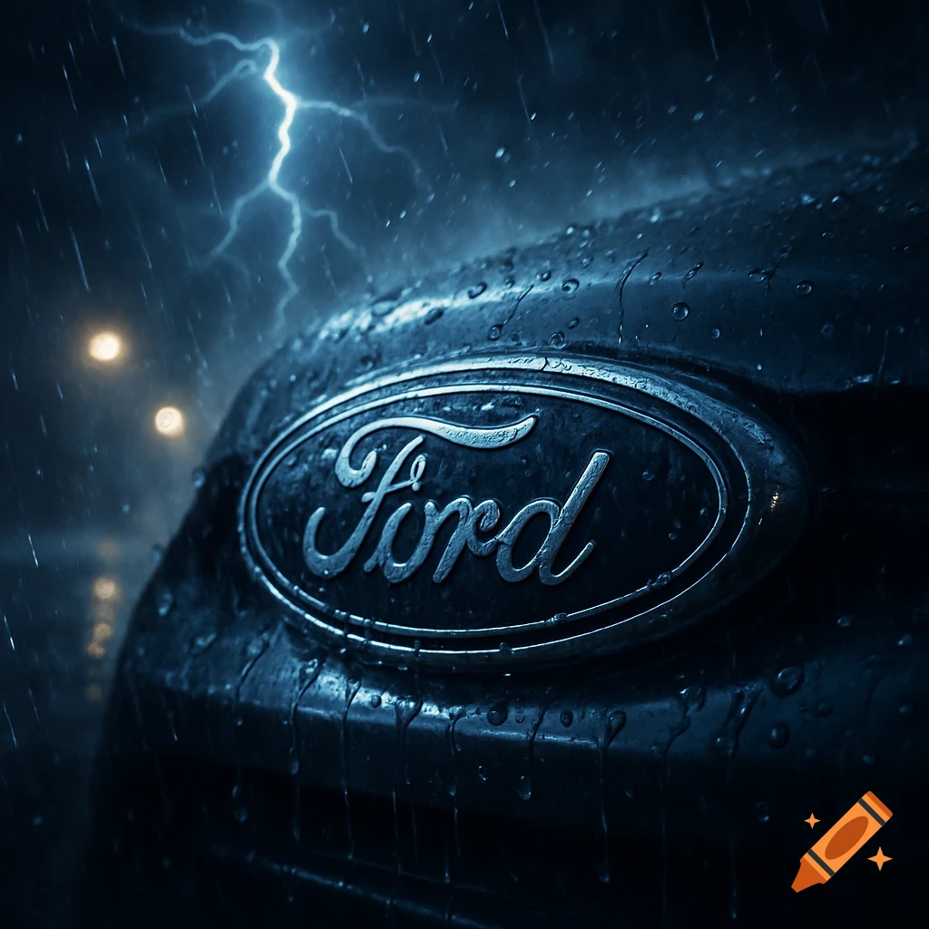 Close-up of a wet Ford emblem on a car during a stormy night with lightning in the sky, photorealistic style.
