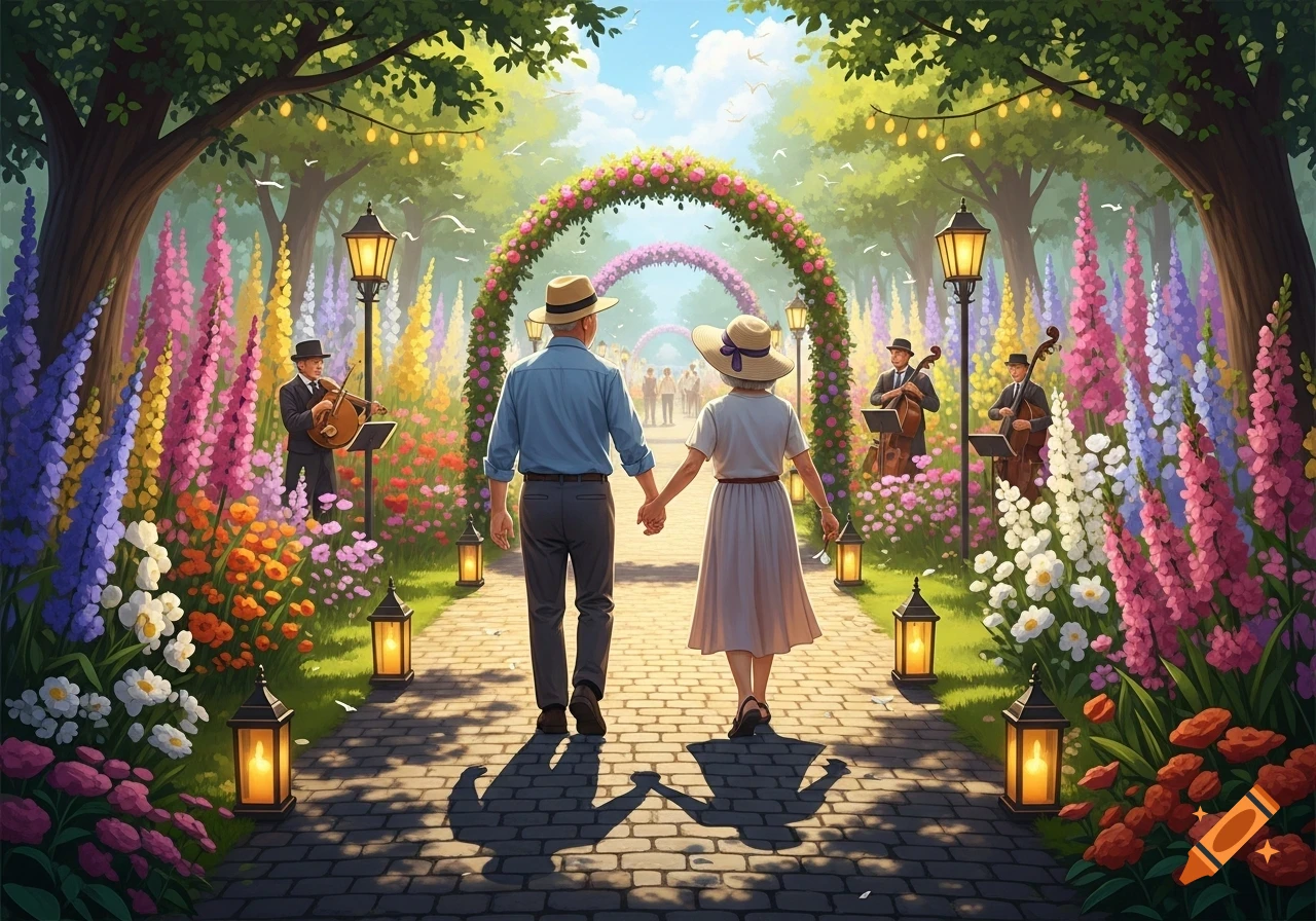 An older couple, holding hands, walks down a path lined with colorful flowers and glowing lanterns under a floral archway.