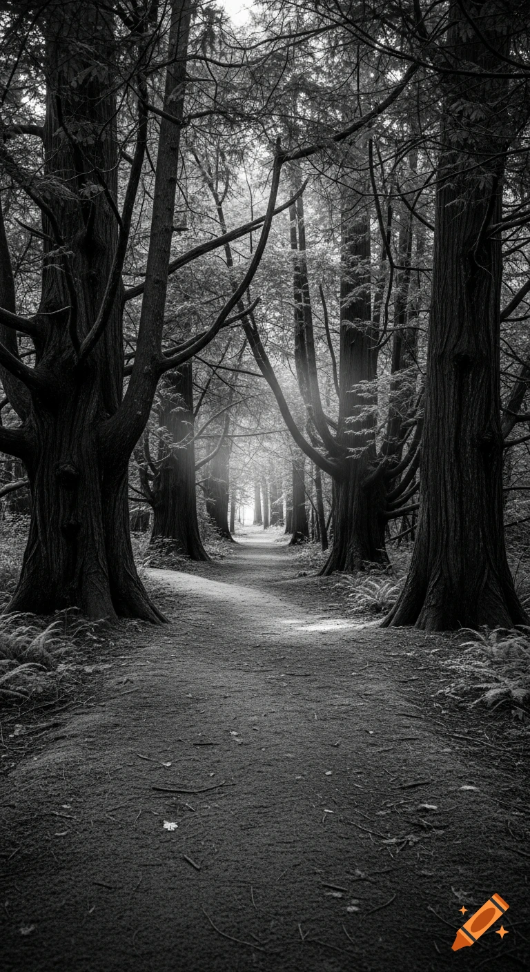Black and white photograph of a moss-covered forest path lined by ancient gnarled trees, with mist filtering through branches.