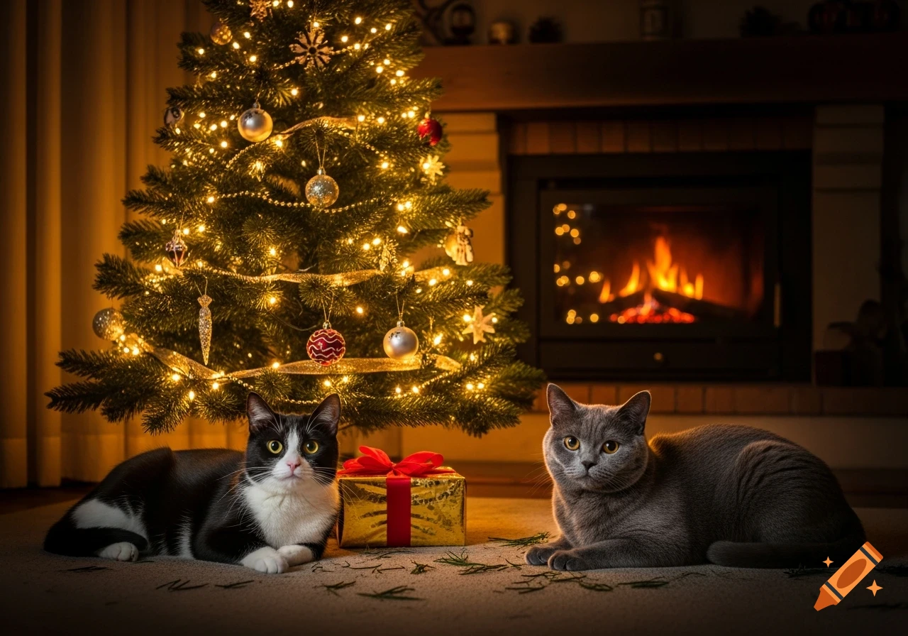 A black and white cat and a grey cat lie in front of a lit Christmas tree with a gift, near a burning fireplace.
