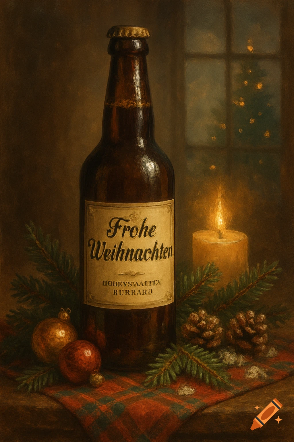 A still life painting of a beer bottle labeled "Frohe Weihnachten" with Christmas ornaments, pinecones, and a lit candle.