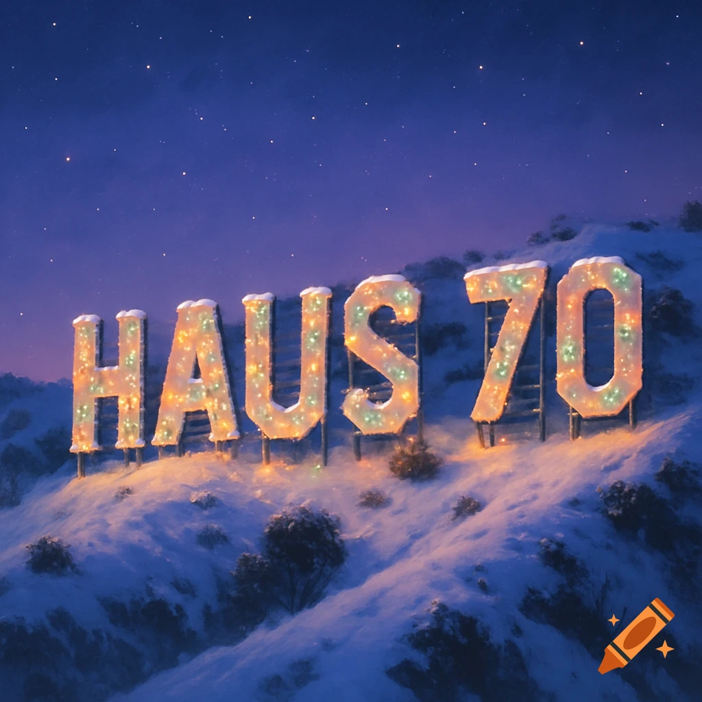 Large illuminated 'HAUS 70' sign on a snow-covered hill with Christmas lights, under a starry night sky.