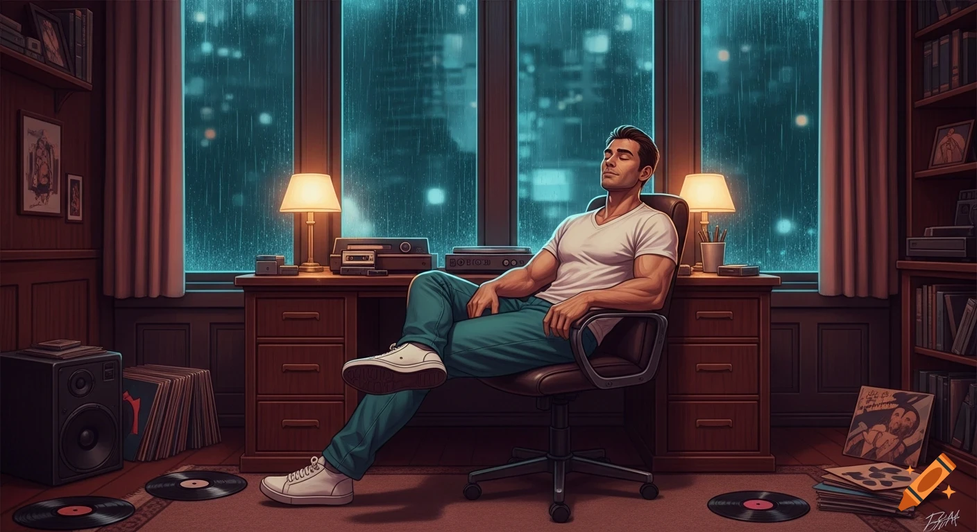 A man with closed eyes relaxes in a desk chair in a cozy, wood-paneled room. Vinyl records, a stereo, and lamps are on the desk and floor, with rain visible outside large windows.