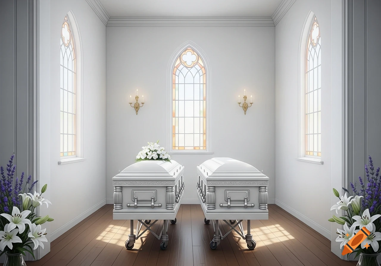 Two white coffins with floral arrangements stand on a wooden floor in a brightly lit chapel with arched windows and wall sconces.
