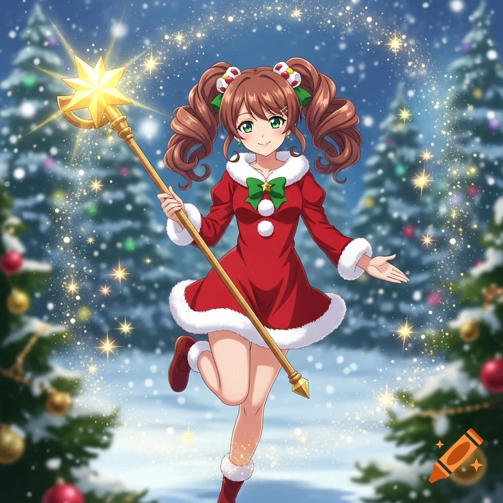 An anime magical girl in a red Christmas dress floats, holding a star-tipped staff in a snowy, glittery Christmas forest.