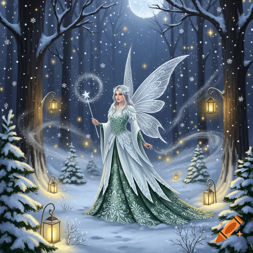 A winter fairy with white hair, wings, and a green and white gown stands in a snowy forest at night, holding a magic wand, with falling snowflakes, a full moon, and glowing lanterns.