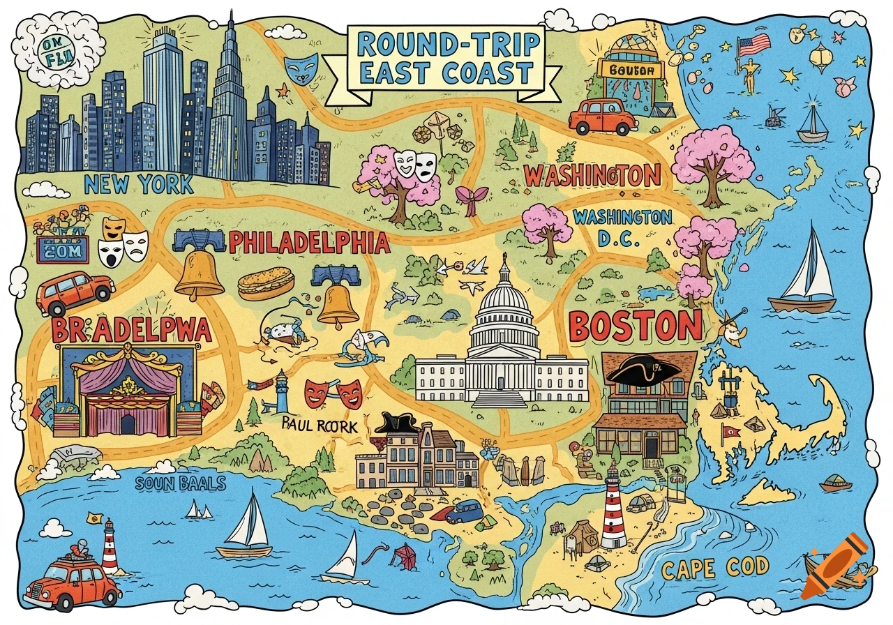 A colorful, cartoon-style map illustrating a round-trip of East Coast cities including New York, Philadelphia, Washington D.C., Boston, and Cape Cod, featuring landmarks.